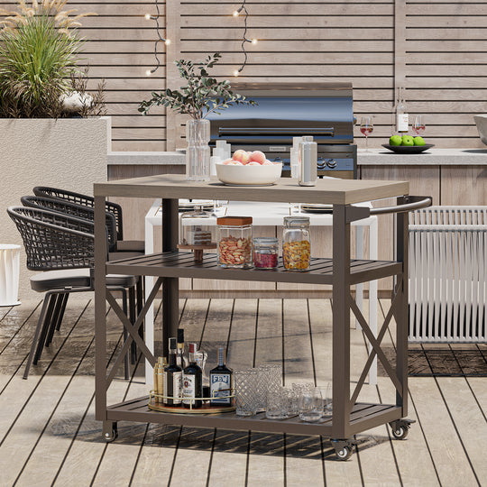 Modern Shade Grill Cart for Outdoor Use - Heavy Duty Grill Table with Locking Brake Casters, 360° Wheels, Waterproof Wood Grain Countertop, 75 lbs Capacity | Movable Grill Tables for Outside, Easy to Clean & Blackstone Table Compatible