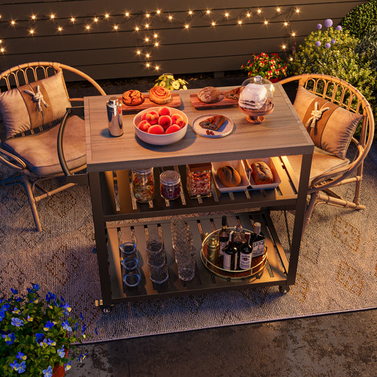 Modern Shade Grill Cart for Outdoor Use - Heavy Duty Grill Table with Locking Brake Casters, 360° Wheels, Waterproof Wood Grain Countertop, 75 lbs Capacity | Movable Grill Tables for Outside, Easy to Clean & Blackstone Table Compatible