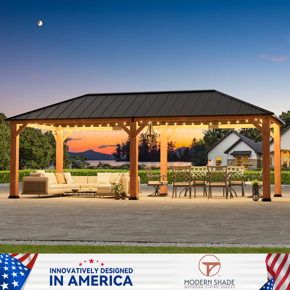 Modern Shade Tranquil Grove Wood Gazebo 12' x 24', Permanent Grill Gazebo with Galvanized Steel Hardtop Roof, Cedar Framed Wooden Pavilion for Garden, Backyard