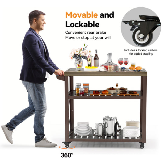 Modern Shade Grill Cart for Outdoor Use - Heavy Duty Grill Table with Locking Brake Casters, 360° Wheels, Waterproof Wood Grain Countertop, 75 lbs Capacity | Movable Grill Tables for Outside, Easy to Clean & Blackstone Table Compatible
