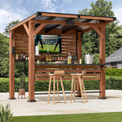 Modern Shade The Aura Cedar Wood Entertainment Bar Center, Wooden Gazebo Grill Pavilion with Shelves & Paper Towel Holder, Patio Gazebo with Hardtop Steel Roof, TV Mount, Power strip, BBQ Bar Gazebo for Patio Backyard