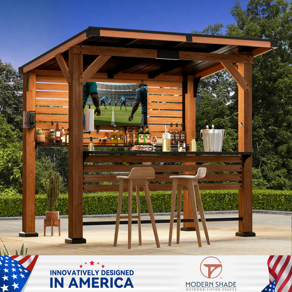 Modern Shade The Aura Cedar Wood Entertainment Bar Center, Wooden Gazebo Grill Pavilion with Shelves & Paper Towel Holder, Patio Gazebo with Hardtop Steel Roof, TV Mount, Power strip, BBQ Bar Gazebo for Patio Backyard