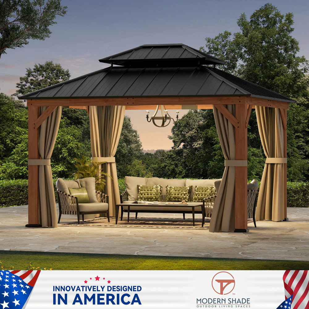 Modern Shade Rosewood Wood Gazebo 10' x 12', Cedar Framed Grill Gazebo with Double Galvanized Steel Roof, Mosquito Netting and Curtains, Permanent Hardtop with Sturdy Hooks for Garden, Backyard, Patio