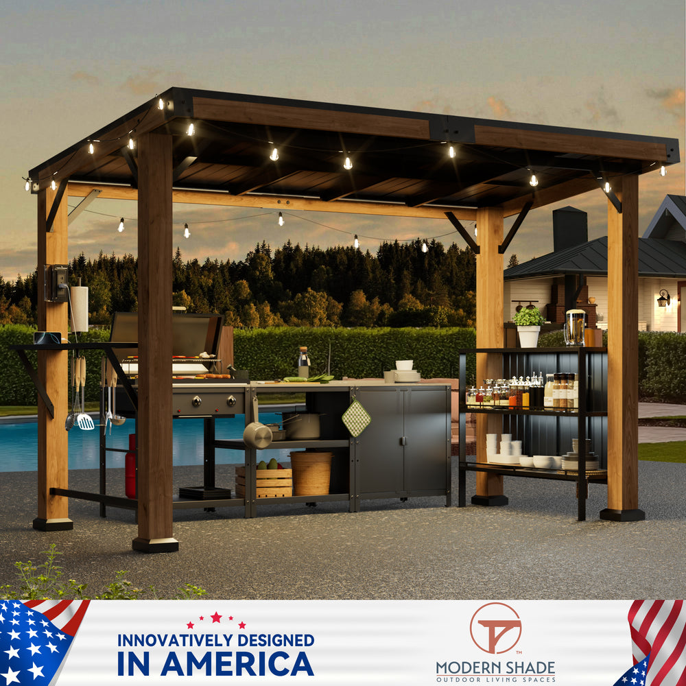 Modern Shade Woodberry Grill Gazebo 6' X 12' Cedar Wood Gazebo with dual bar tops & Shelves Patio Gazebo with USB and USB-C Charging Ports