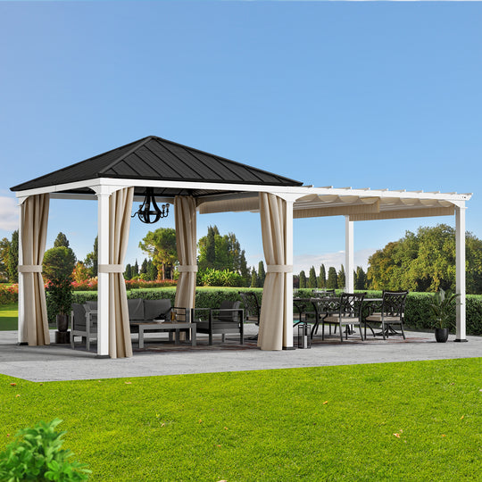 Modern Shade Sunrise Coast 10'x20' Pavilion Pergola Hybrid Gazebo with Adjustable Shade Fabric, Hardtop Roof with Privacy Curtains, Outdoor Hot Tub Pavilion for Patio or Garden, Black and White