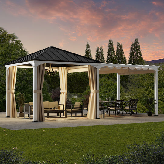 Modern Shade Sunrise Coast 10'x20' Pavilion Pergola Hybrid Gazebo with Adjustable Shade Fabric, Hardtop Roof with Privacy Curtains, Outdoor Hot Tub Pavilion for Patio or Garden, Black and White