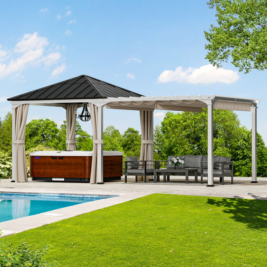 Modern Shade Sunrise Coast 10'x20' Pavilion Pergola Hybrid Gazebo with Adjustable Shade Fabric, Hardtop Roof with Privacy Curtains, Outdoor Hot Tub Pavilion for Patio or Garden, Black and White