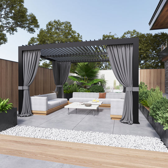 Modern Shade Louvered Pergola 10'x12' with  USB Charging Port Deck, Outdoor Pergola with Integrated Drainage, Netting and Curtains for Patio Deck Garden, Easy Assembly, Black