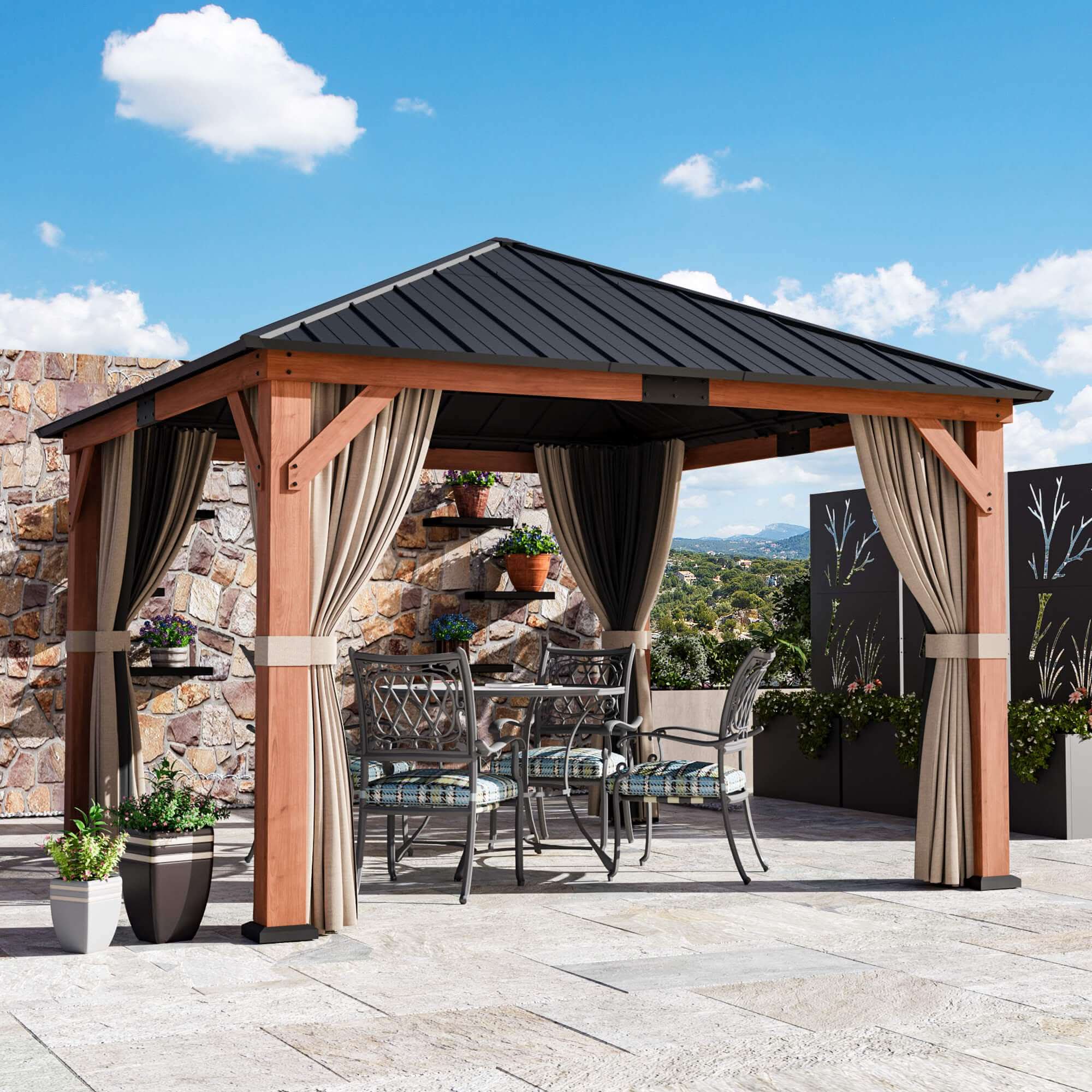 12'x12' Tranquil Grove Cedar Hardtop Gazebo – Modern Shade