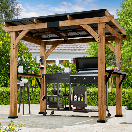 Modern Shade Cedar Wood Grill Gazebo 6' X 8' Patio Gazebo with Galvanized Steel Roof USB and USB-C Charging Ports