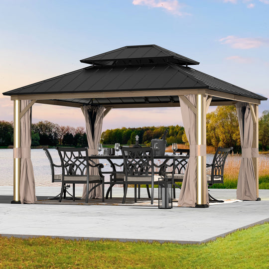 Modern Shade Four Seasons 12' x 14' Hardtop Gazebo with 4 LED Strip Lights Galvanized Steel Double Roof Mosquito Netting and Wood-Look Curtains