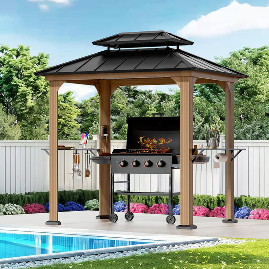 Modern Shade Grill Gazebo 6' X 8' Aluminum with Shelves Ceiling Hook and Galvanized Steel Roof for Wood Look Design