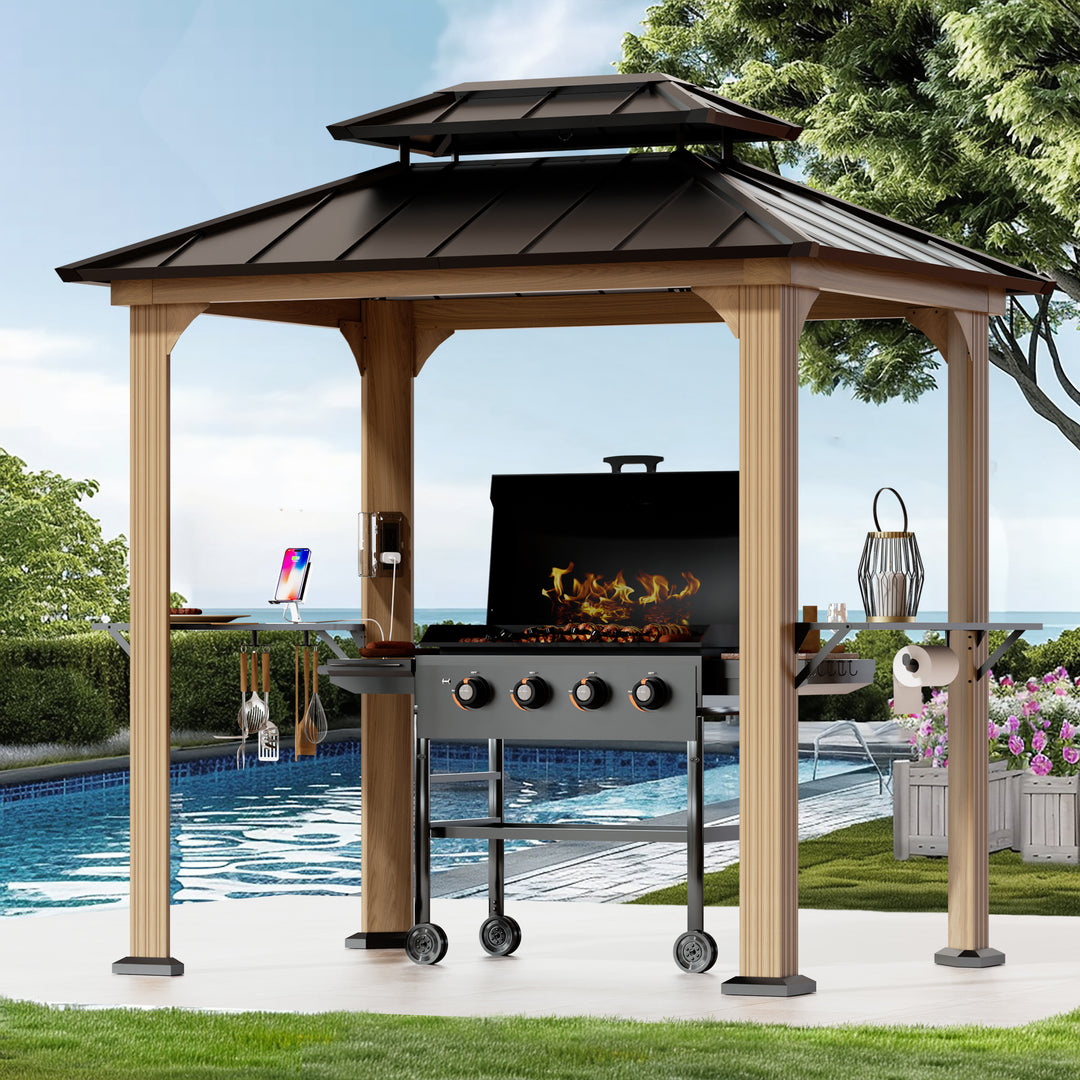 Modern Shade Grill Gazebo 6' X 8' Aluminum with Shelves Ceiling Hook and Galvanized Steel Roof for Wood Look Design