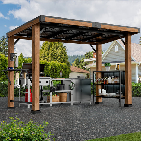 Modern Shade Woodberry Grill Gazebo 6' X 12' Cedar Wood Gazebo with dual bar tops & Shelves Patio Gazebo with USB and USB-C Charging Ports