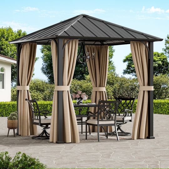 Modern Shade 8'x8' Hardtop Gazebo with Galvanized Steel Roof & Detachable Curtains, Permanent Metal Gazebo Outdoor Pavilion for Backyard, Deck, Garden - All-Weather Patio Cover