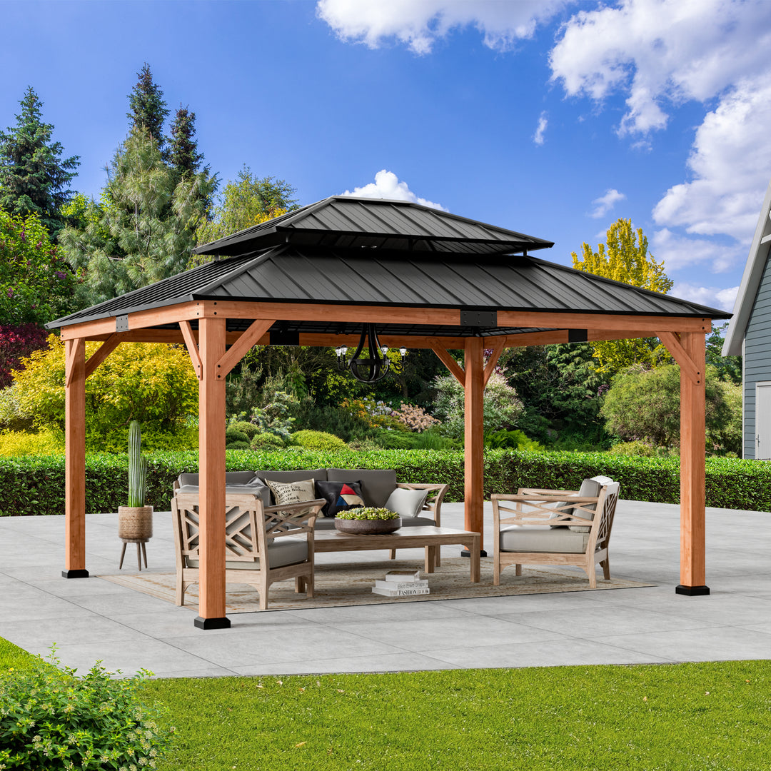 Modern Shade Rosewood Wood Gazebo 13' x 15', Cedar Framed Wooden Gazebo with Double Galvanized Steel Roof, Permanent Hardtop Wood Gazebo with Sturdy Hooks for Garden, Backyard, Patio, and Deck