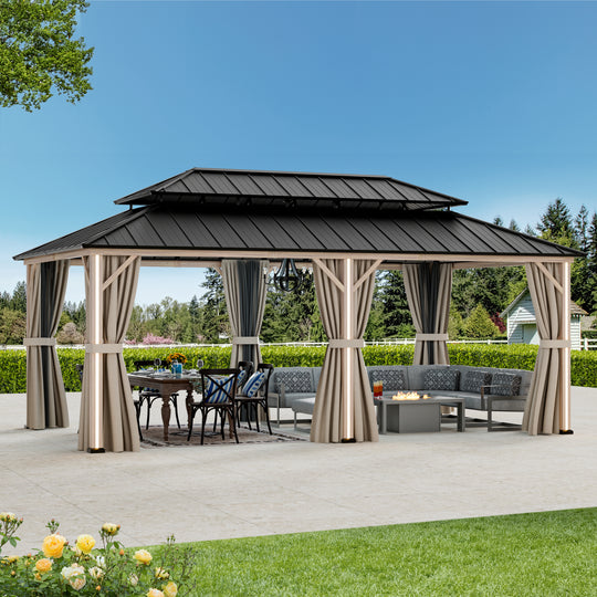 Modern Shade Hardtop Gazebo 12' x 20' with 6 LED Lights, Outdoor Gazebo with Galvanized Steel Double Roof，Pavilion with USB Charging Port Deck, Netting and Curtains for Patios, Wood-Looking