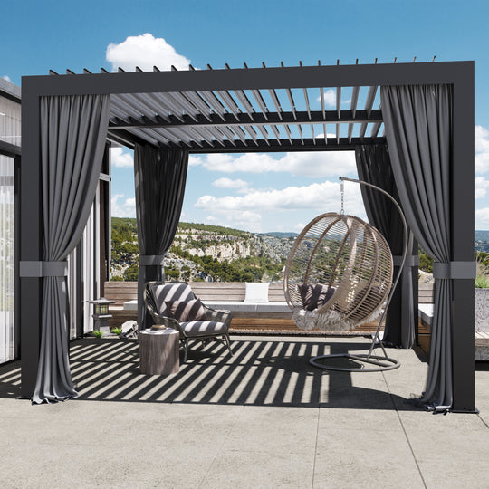 Modern Shade Louvered Pergola 10'x10' with  USB Charging Port Deck, Outdoor Pergola with Integrated Drainage, Netting and Curtains for Patio Deck Garden, Easy Assembly, Black