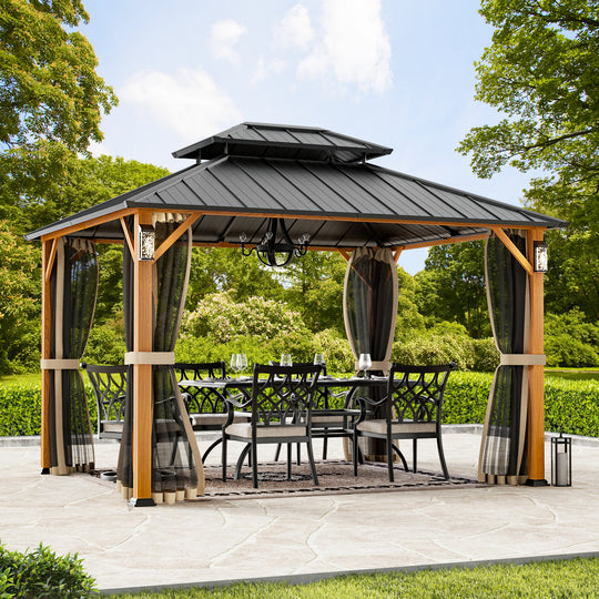 Modern Shade The Horizon Permanent Hardtop Gazebo 10' x 12' w/ 4 LED Lights Outdoor Gazebo w/ Galvanized Steel Double Roof Patio Gazebo w/ Decor Hooks Mosquito Nettings Wood-Looking