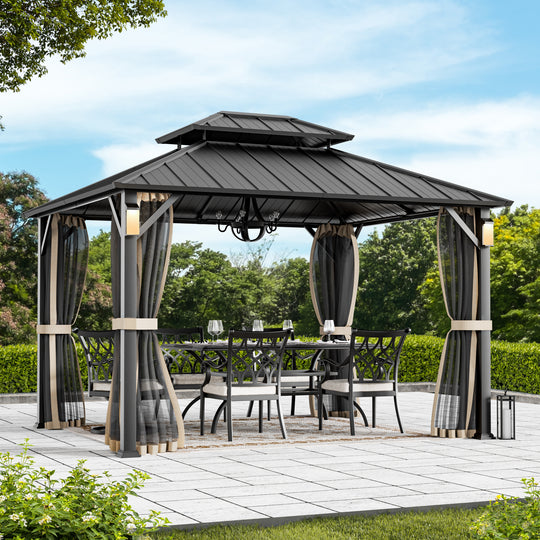 Modern Shade The Horizon Permanent Hardtop Gazebo 10' x 12' w/ 4 LED Lights Outdoor Gazebo w/ Galvanized Steel Double Roof Patio Gazebo w/ Decor Hooks Mosquito Nettings Black