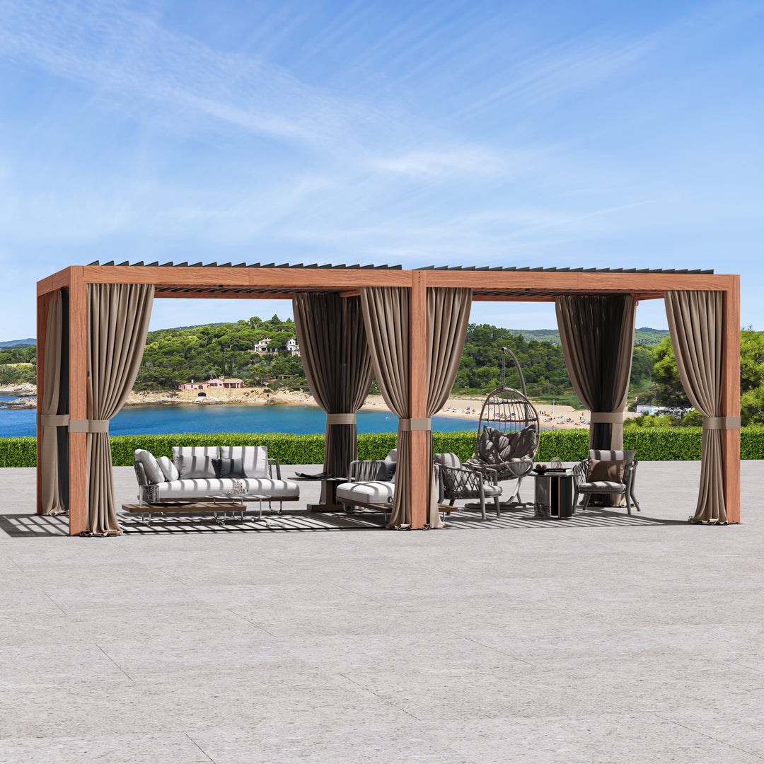 Modern Shade Louvered Pergola 10'x20' with  USB Charging Port Deck, Extra Large Outdoor Pergola with Netting and Curtains, Integrated Drainage, Reinforced Frame for Patio Deck Garden, Easy Assembly, Wood Grain