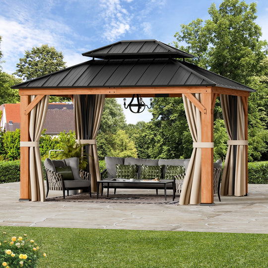 Modern Shade Rosewood Wood Gazebo 10' x 12', Cedar Framed Grill Gazebo with Double Galvanized Steel Roof, Mosquito Netting and Curtains, Permanent Hardtop with Sturdy Hooks for Garden, Backyard, Patio