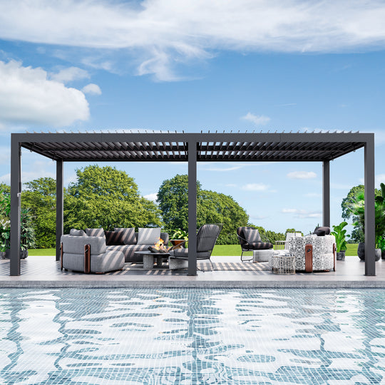 Modern Shade Louvered Pergola 10'x20' with  USB Charging Port Deck, Extra Large Outdoor Pergola with Adjustable Waterproof Roof & Integrated Drainage, Reinforced Frame for Patio Deck Garden, Easy Assembly, Black