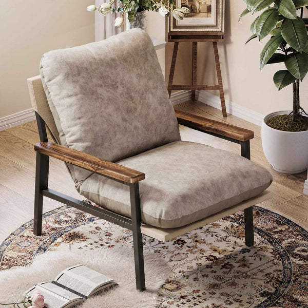 Mid-century Modern Accent Chair with Wooden Arms and Dual-Sided Cushion