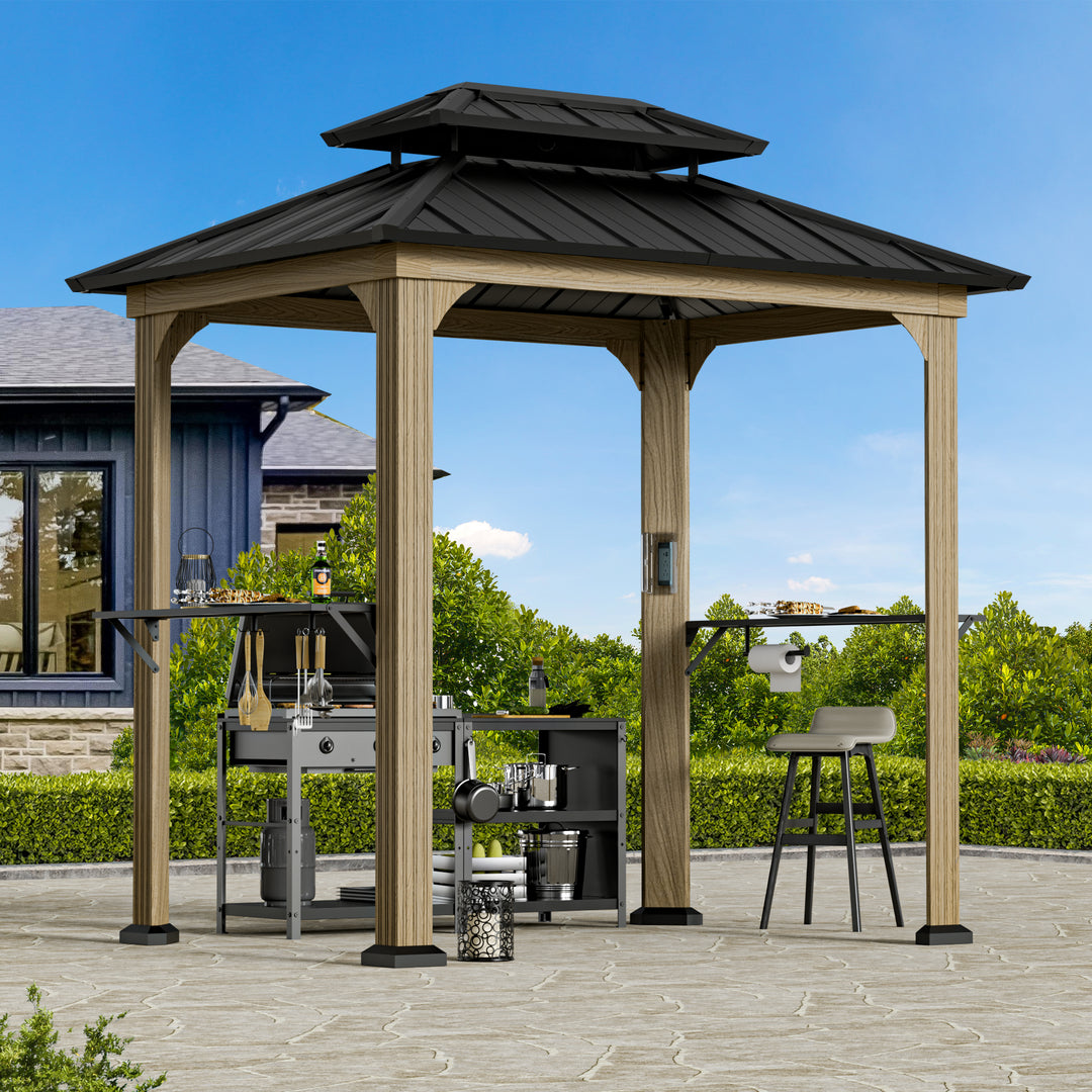 Modern Shade Grill Gazebo 6' X 8' Aluminum with Shelves Ceiling Hook and Galvanized Steel Roof for Wood Look Design