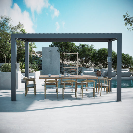 Modern Shade Louvered Pergola 10'x12' with  USB Charging Port Deck, Outdoor Pergola with Adjustable Waterproof Roof & Integrated Drainage, Reinforced Frame for Patio Deck Garden, Easy Assembly, Black