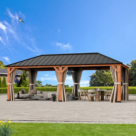 Modern Shade Tranquil Grove Cedar Wood Gazebo 12' x 24', Grill Gazebo with Galvanized Steel Roof, Mosquito Netting and Curtains, Permanent Hardtop Pavilion with Sturdy Hooks for Garden, Backyard
