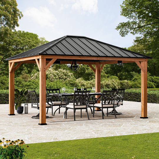 Modern Shade Tranquil Grove Wood Gazebo 12' x 14', Permanent Hardtop Gazebo with Galvanized Steel and Polycarbonate Hip Roof Hardtop, Cedar Framed Wooden Gazebo for Garden, Backyard