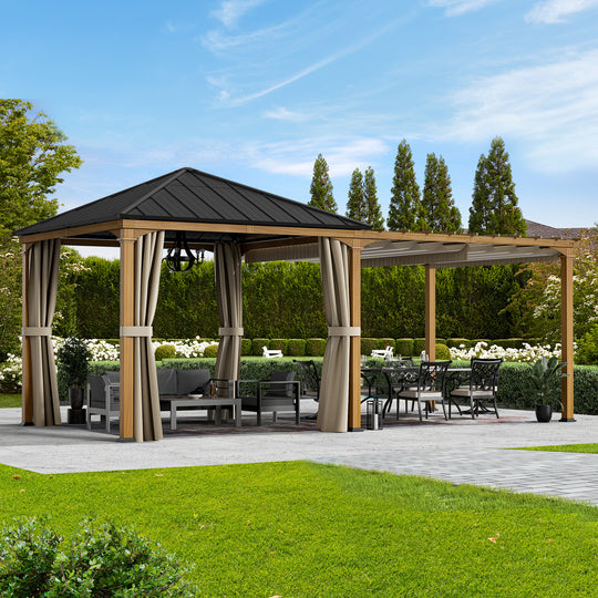 Modern Shade Sunrise Coast 10'x20' Pavilion Pergola Hybrid Gazebo with Adjustable Shade Fabric, Hardtop Roof with Privacy Curtains, Outdoor Hot Tub Pavilion for Patio or Garden,  Wood-Looking