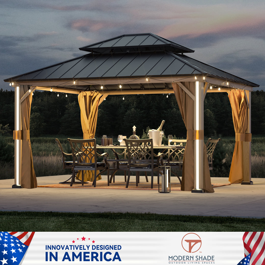 Modern Shade Four Seasons 12' x 14' Hardtop Gazebo with 4 LED Strip Lights Galvanized Steel Double Roof Mosquito Netting and Wood-Look Curtains