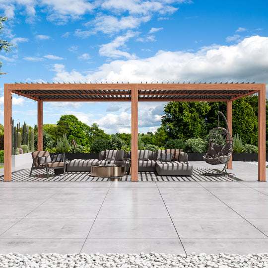 Modern Shade Louvered Pergola 10'x20' with  USB Charging Port Deck, Heavy Duty Outdoor Pergola with Adjustable Waterproof Roof & Integrated Drainage, Reinforced Frame, Easy Assembly, Wood Grain