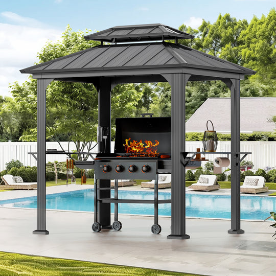 Modern Shade BBQ Gazebo 6' X 8' Black Aluminum with Shelves and Ceiling Hook