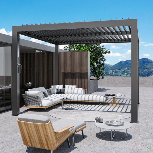 Modern Shade Louvered Pergola 10'x10' with  USB Charging Port Deck, Outdoor Pergola with Adjustable Waterproof Roof & Integrated Drainage, Reinforced Frame for Patio Deck Garden, Easy Assembly, Black