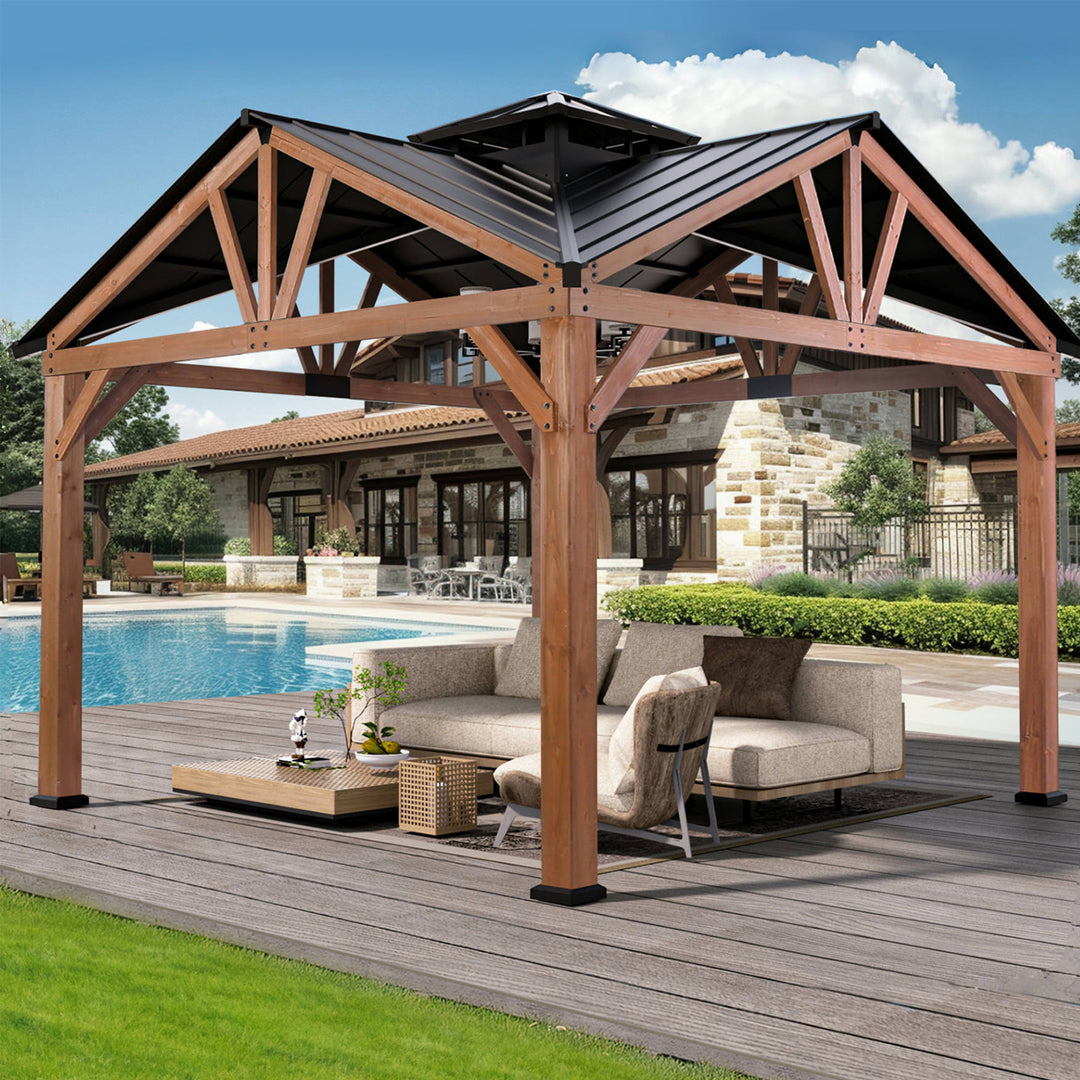 Modern Shade Cedar Wood 12’ x 12’ Gazebo with Sturdy Galvanized Steel Roof