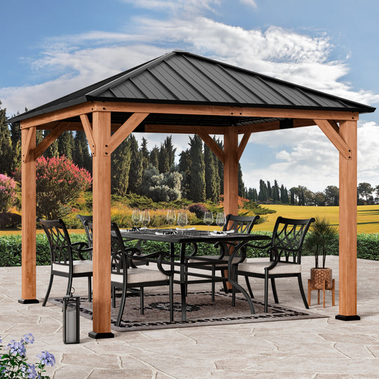 Modern Shade Tranquil Grove Wood Gazebo 10' x 10', Permanent Hardtop Gazebo with Galvanized Steel and Polycarbonate Hip Roof Hardtop, Cedar Framed Wooden Gazebo for Garden, Backyard