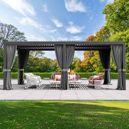 Modern Shade Louvered Pergola 10'x20' with  USB Charging Port Deck, Extra Large Outdoor Pergola with Netting and Curtains, Integrated Drainage, Reinforced Frame for Patio Deck Garden, Easy Assembly, Black
