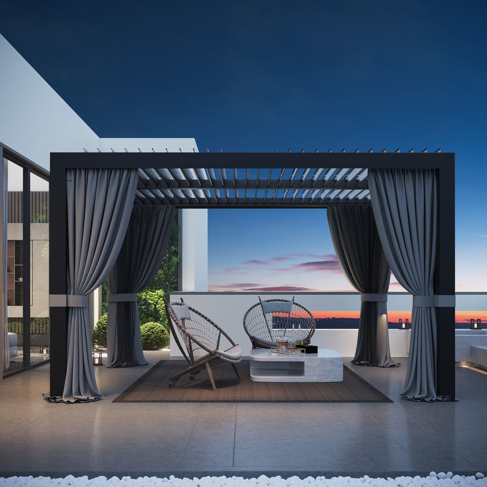 Modern Shade Louvered Pergola 10'x12' with  USB Charging Port Deck, Outdoor Pergola with Integrated Drainage, Netting and Curtains for Patio Deck Garden, Easy Assembly, Black