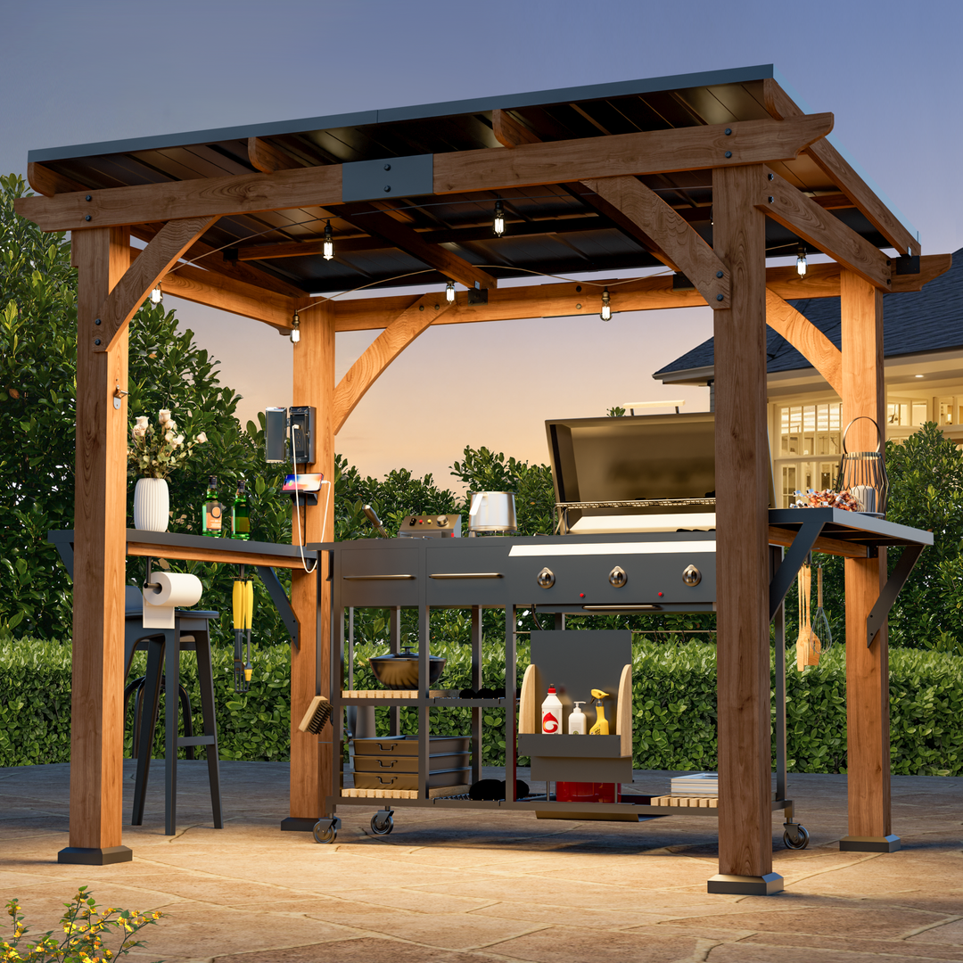 Modern Shade Cedar Wood Grill Gazebo 6' X 8' Patio Gazebo with Galvanized Steel Roof USB and USB-C Charging Ports