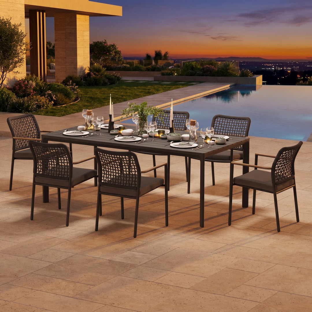 7-teiliges Outdoor-Esszimmer-Set aus Aluminium mit Seilstühlen