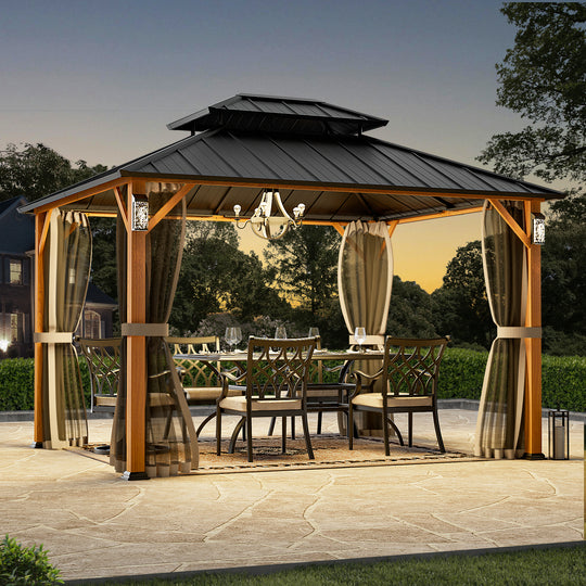 Modern Shade The Horizon Permanent Hardtop Gazebo 10' x 12' w/ 4 LED Lights Outdoor Gazebo w/ Galvanized Steel Double Roof Patio Gazebo w/ Decor Hooks Mosquito Nettings Wood-Looking