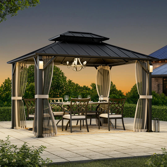 Modern Shade The Horizon Permanent Hardtop Gazebo 10' x 12' w/ 4 LED Lights Outdoor Gazebo w/ Galvanized Steel Double Roof Patio Gazebo w/ Decor Hooks Mosquito Nettings Black