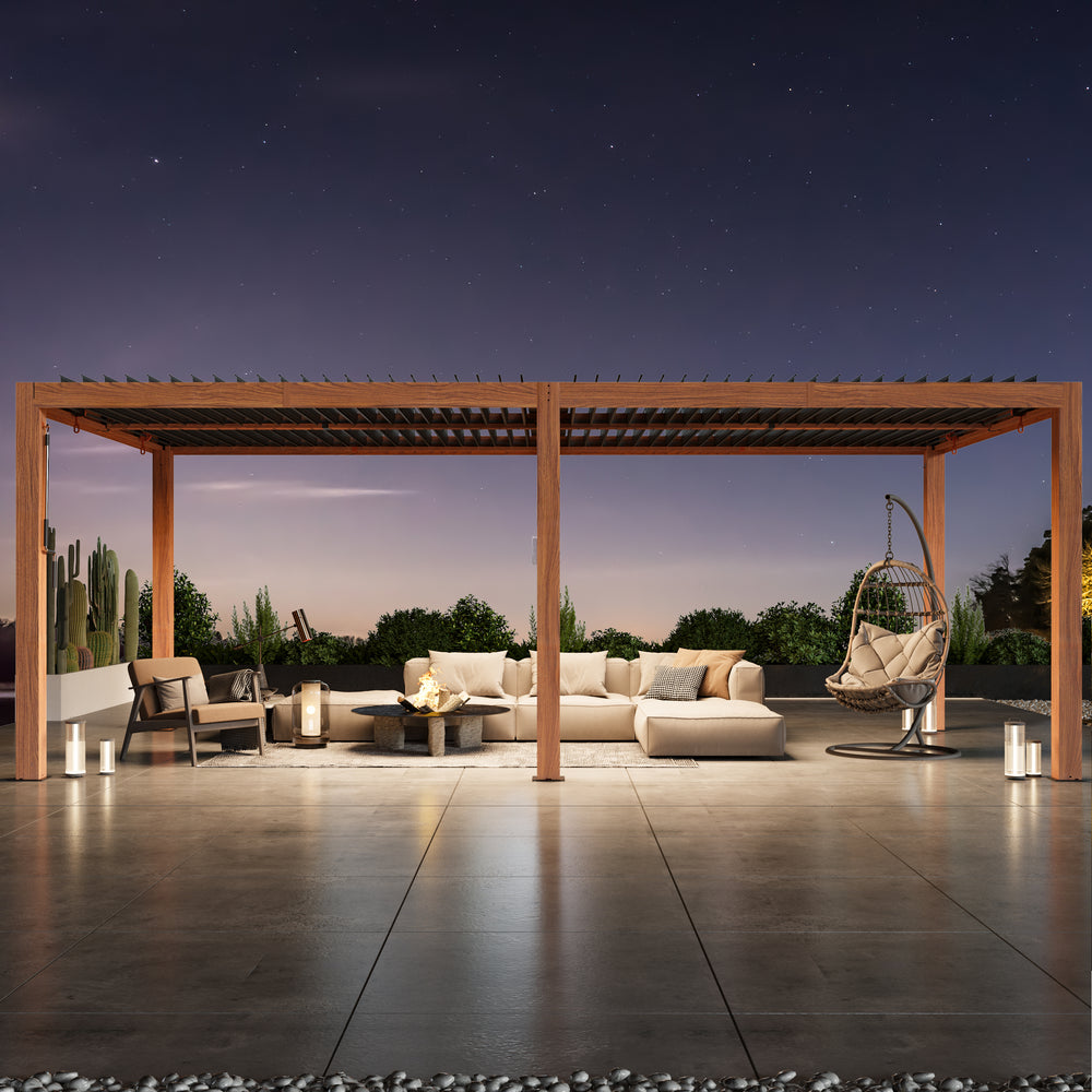 Modern Shade Louvered Pergola 10'x20' with  USB Charging Port Deck, Heavy Duty Outdoor Pergola with Adjustable Waterproof Roof & Integrated Drainage, Reinforced Frame, Easy Assembly, Wood Grain