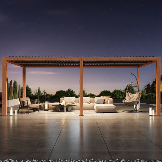 Modern Shade Louvered Pergola 10'x20' with  USB Charging Port Deck, Heavy Duty Outdoor Pergola with Adjustable Waterproof Roof & Integrated Drainage, Reinforced Frame, Easy Assembly, Wood Grain