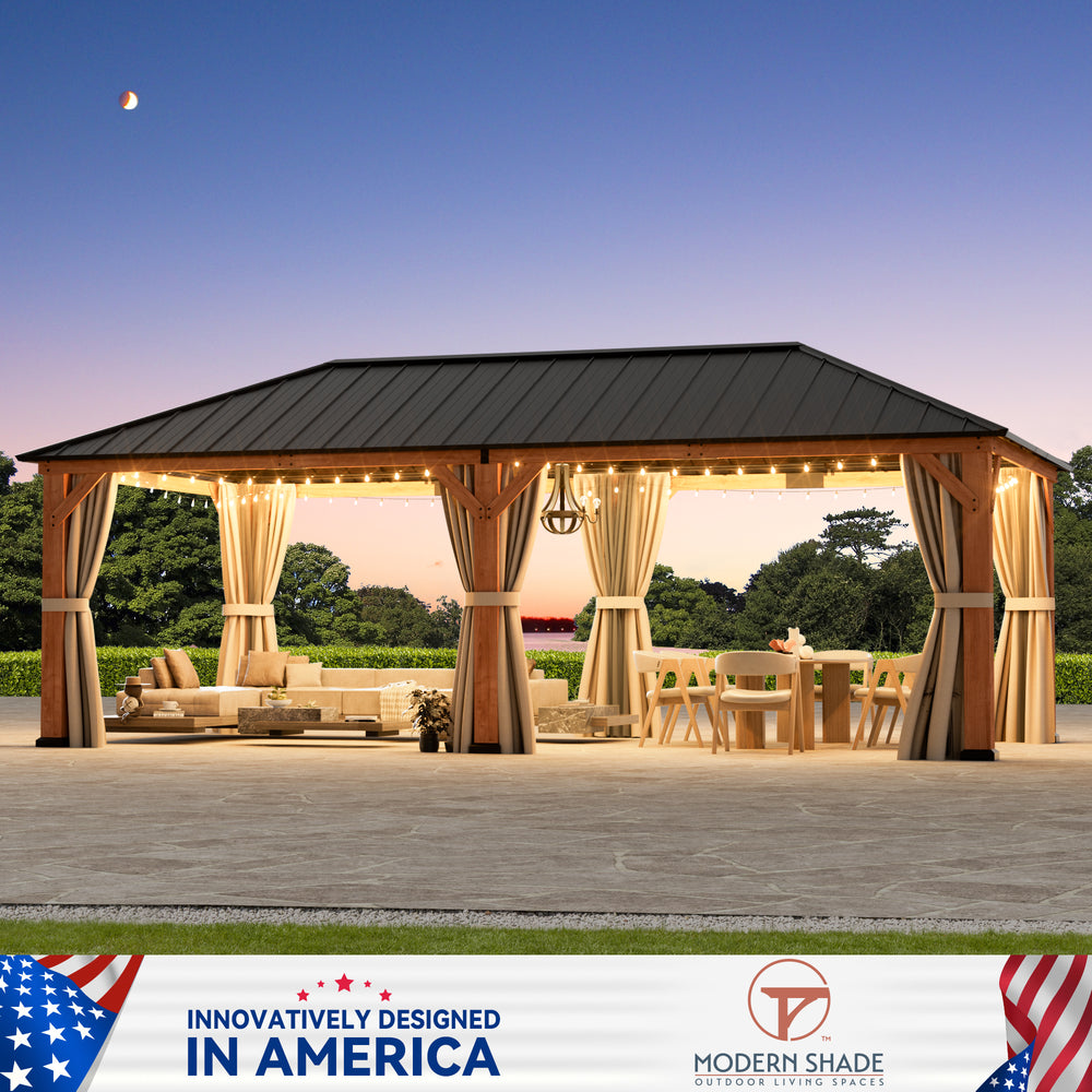 Modern Shade Tranquil Grove Cedar Wood Gazebo 12' x 24', Grill Gazebo with Galvanized Steel Roof, Mosquito Netting and Curtains, Permanent Hardtop Pavilion with Sturdy Hooks for Garden, Backyard