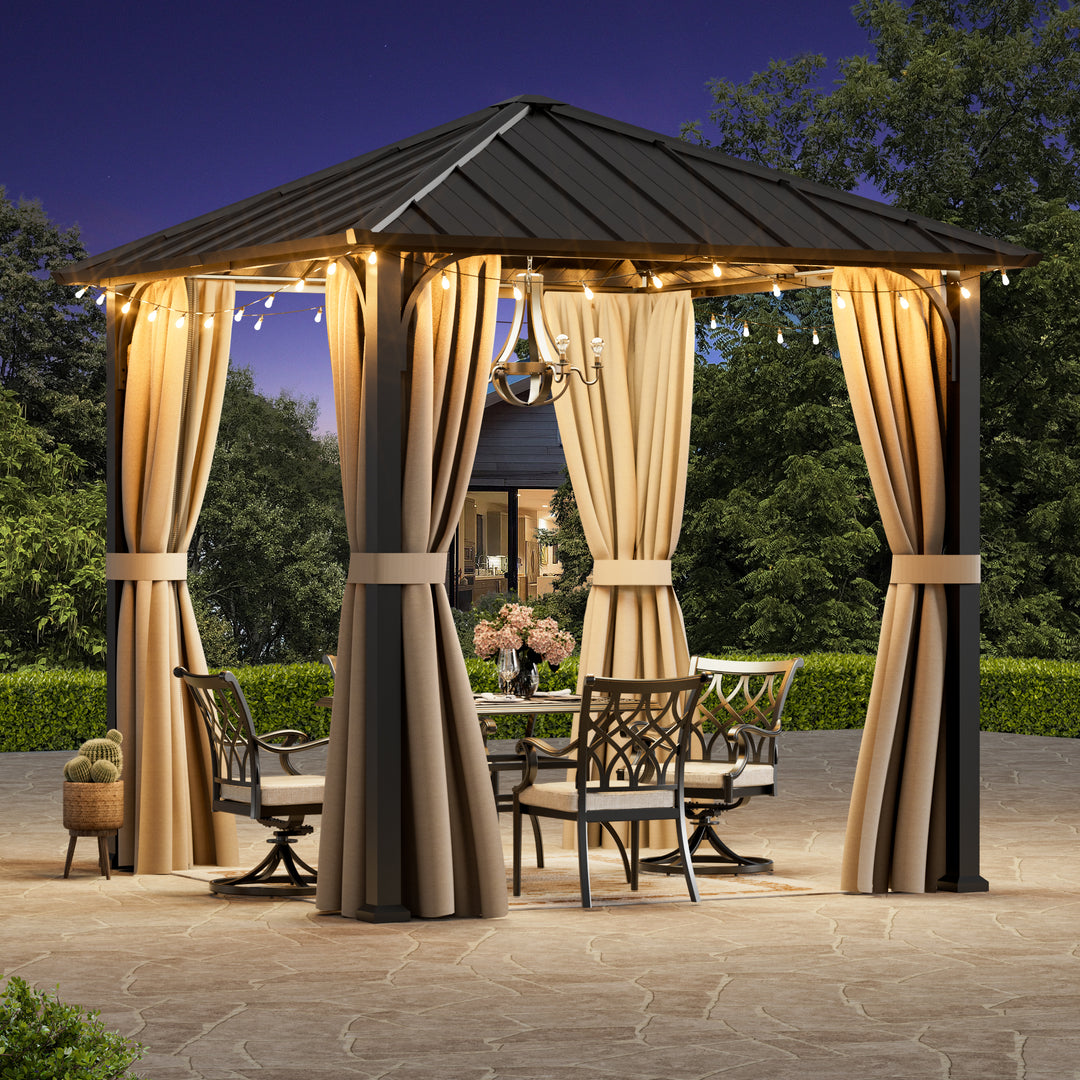 Modern Shade 8'x8' Hardtop Gazebo with Galvanized Steel Roof & Detachable Curtains, Permanent Metal Gazebo Outdoor Pavilion for Backyard, Deck, Garden - All-Weather Patio Cover