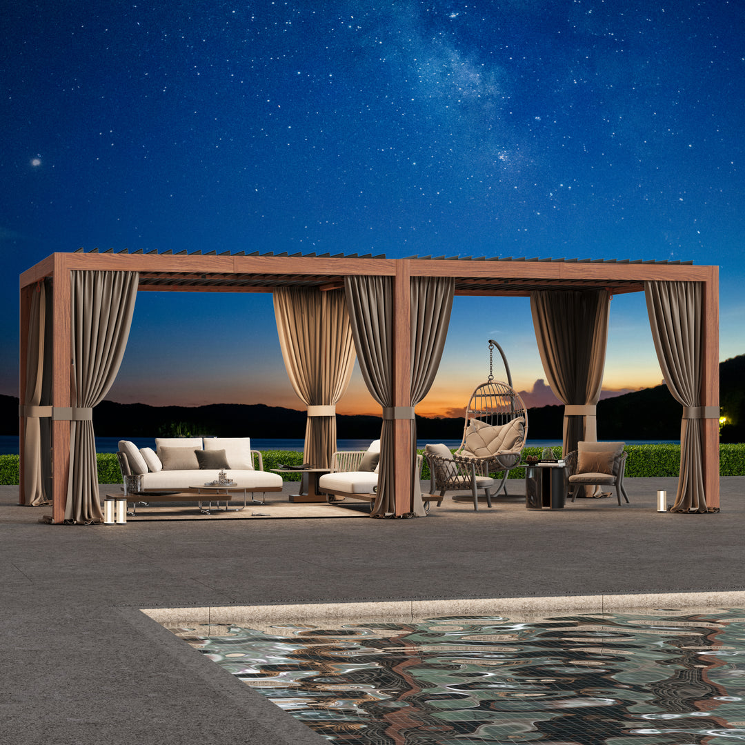 Modern Shade Louvered Pergola 10'x20' with  USB Charging Port Deck, Extra Large Outdoor Pergola with Netting and Curtains, Integrated Drainage, Reinforced Frame for Patio Deck Garden, Easy Assembly, Wood Grain